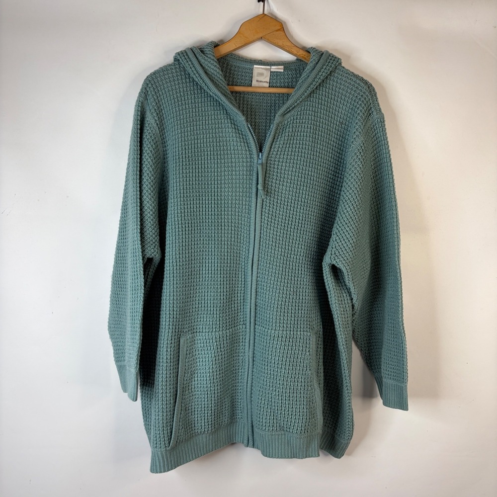 Roaman's Waffle Knit Cardigan Women 3X Sage Green Full Zip Hooded Sweater